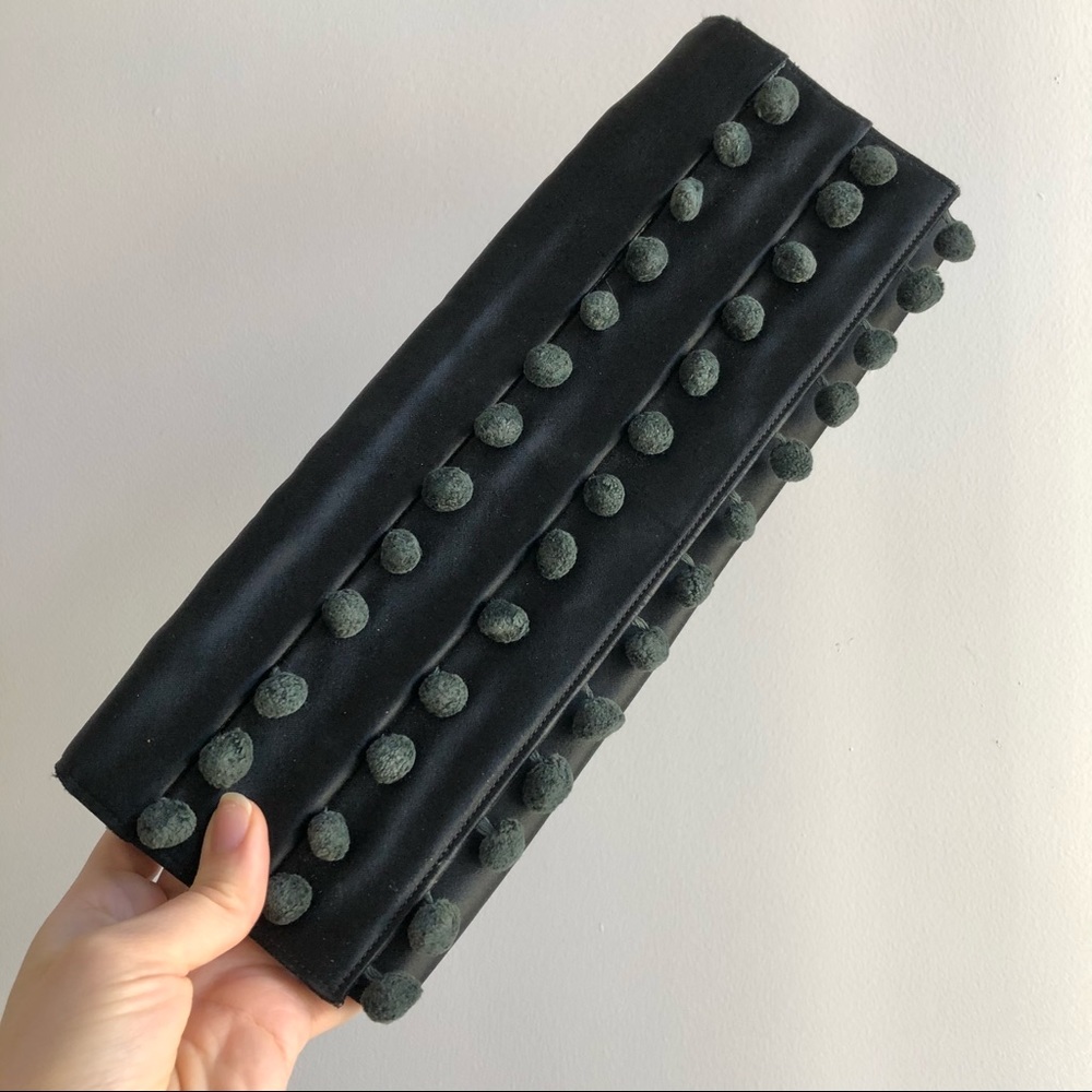 60s-70s Vintage Pom-Pom Black Silk Satin Clutch